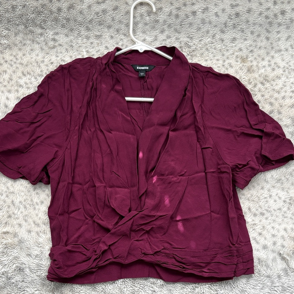 Express Women's Wine Short Sleeve Draped V-Neck Blouse